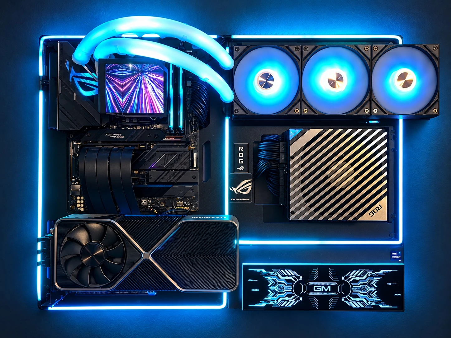 The Beast PC with glowing cooling tubes, three RGB radiator fans and NVIDIA GPU