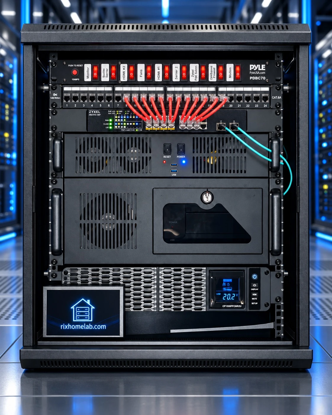 RixFlix rack with network switch, power controls, red patch cables and UPS