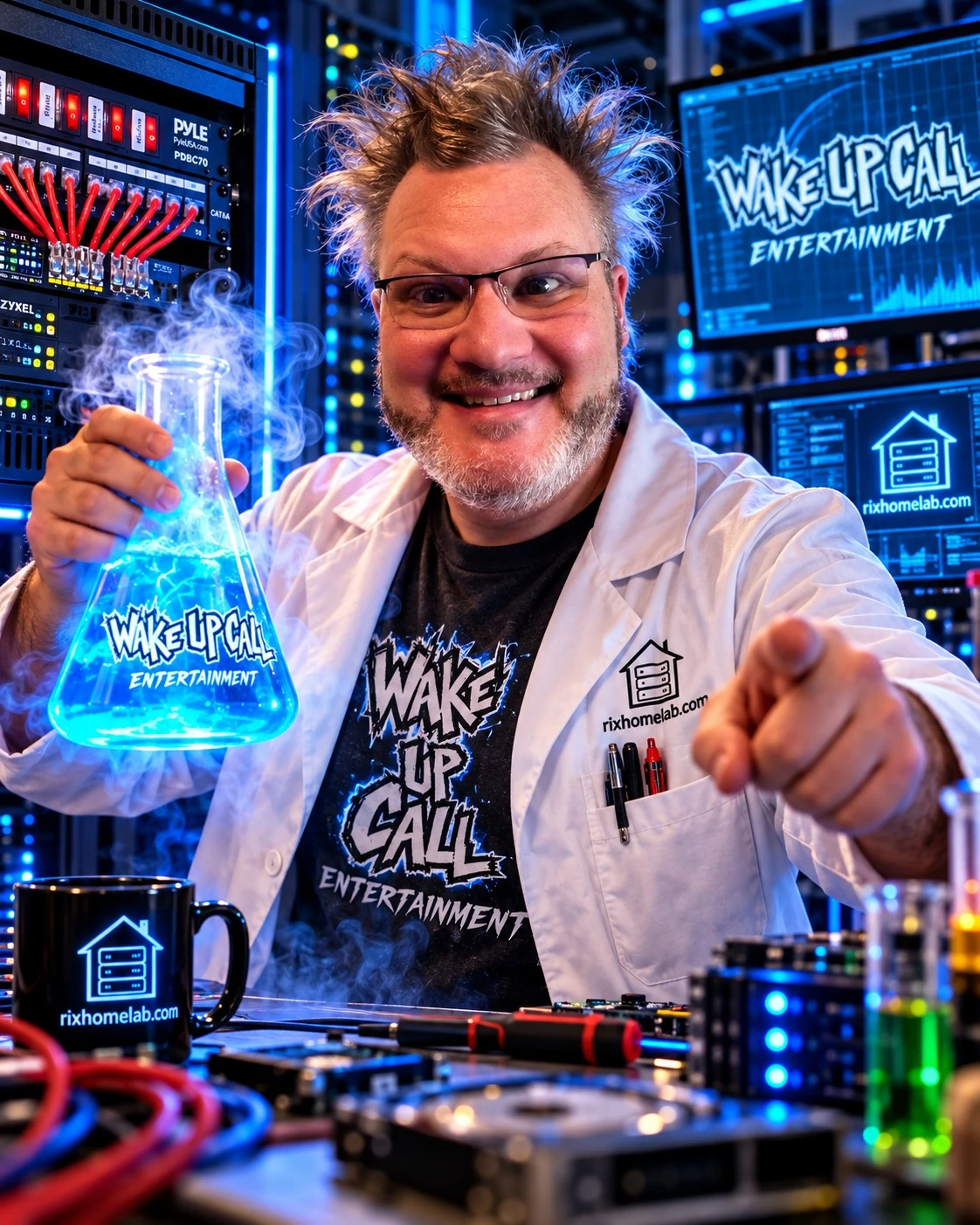 Rick in a white lab coat holding an illuminated Wake Up Call Entertainment flask